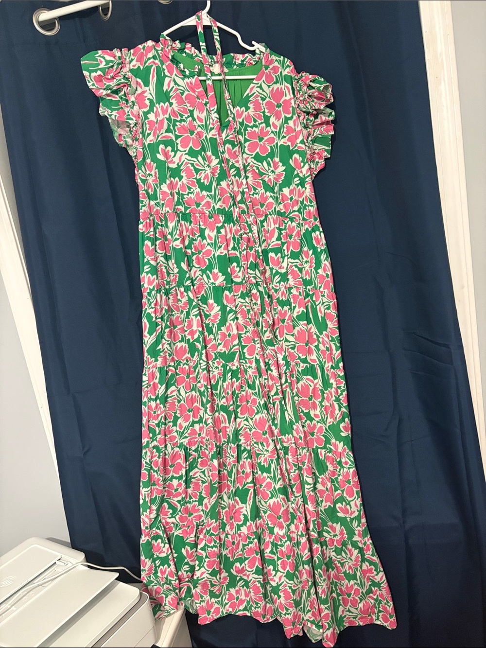 Green & Pink Floral Tiered Girls' Maxi Dress with Ruffle Sleeves